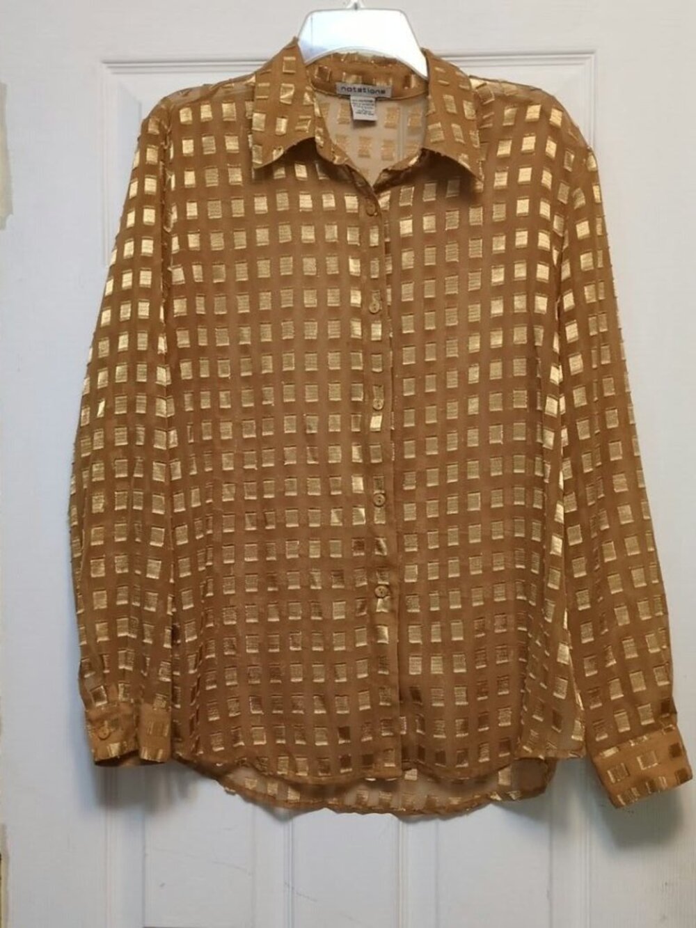 Vintage 90s Notations Gold Metallic Sheer Blouse Checkerboard Grid Button Sz L